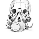 Gas mask on a skull with moss and overgrown plants, black tattoo design idea