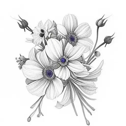 small flower bouquet with daffodils roses morning glories and cosmos tattoo design idea