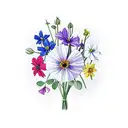 small flower bouquet with daffodils roses morning glories and cosmos tattoo design idea