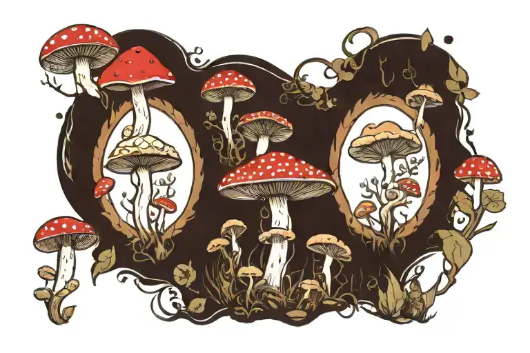mushroom forest with different mushroom species, filled with natural elements tattoo design idea