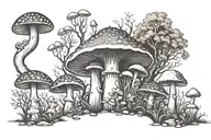 mushroom forest with different mushroom species, filled with natural elements. give in a dark Alice in wonderland theme tattoo design idea