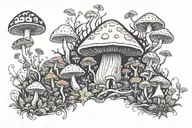 mushroom forest with different mushroom species, filled with natural elements. give in a dark Alice in wonderland theme tattoo design idea