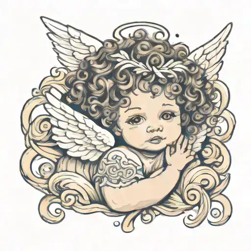 Baby Angel with Curly Hair: The little angel is a baby with curly, soft and voluminous hair. The curls fall gently tattoo design idea