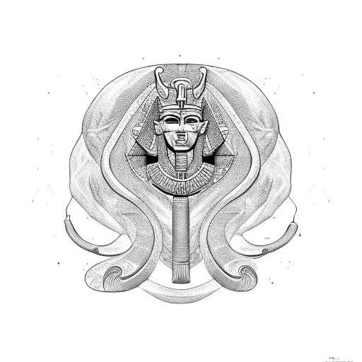 A new-school design of a pharaoh's sarcophagus with a cobra slithering out of it tattoo design idea