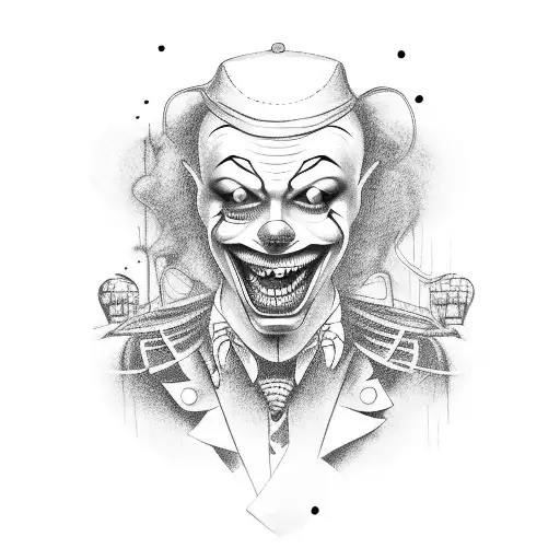 A dotwork tattoo of a creepy clown riding a motorcycle through an abandoned amusement park tattoo design idea