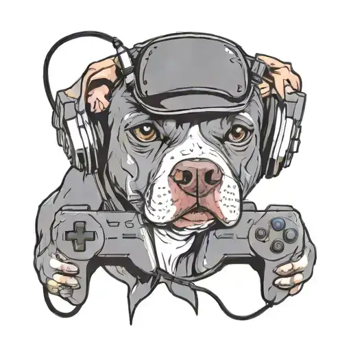 A staffie wearing a headset and playing a video game controller as a nod to gaming and music interests tattoo design idea