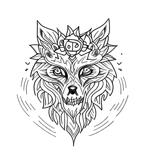 tattoo with 2 parts divided in The Middle, content half skull head Wolf with flowers half head wolf tattoo design idea