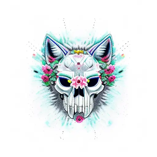  2 parts divided in The Middle, content half skull head Wolf with flowers half head wolf tattoo design idea
