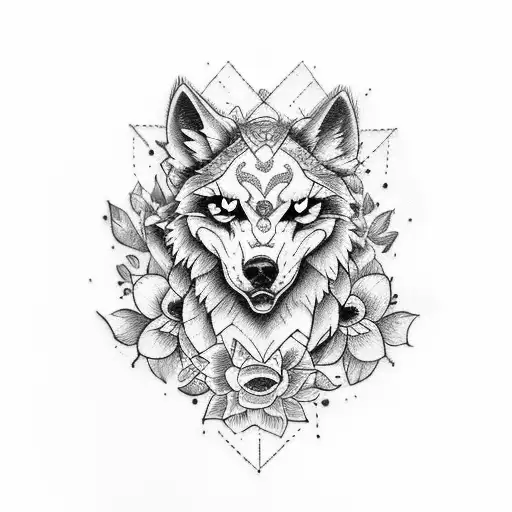tattoo with 2 parts divided in The Middle, content half skull head Wolf with flowers half head wolf tattoo design idea