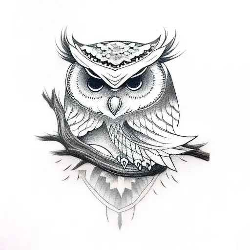 owl on a branch solid black tattoo design idea