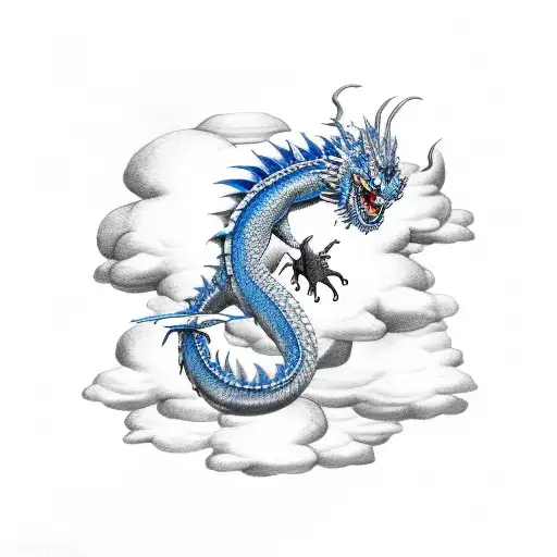 Blue dragon flying, clouds tattoo design idea