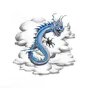 Blue dragon flying, clouds tattoo design idea