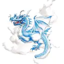 Blue dragon flying, clouds tattoo design idea