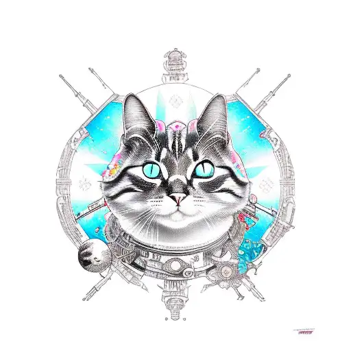 cat in a spaceship tattoo design idea