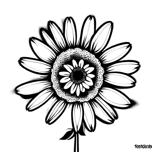 Three daisies, with stems, intertwined, one on top of the other, in black and white. tattoo design idea