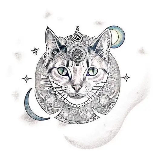 crescent moon with mandala pattern and cat sittin gon moon with halo above cats head tattoo design idea