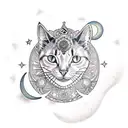 crescent moon with mandala pattern and cat sittin gon moon with halo above cats head tattoo design idea