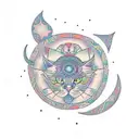 crescent moon with mandala pattern and cat sittin gon moon with halo above cats head tattoo design idea