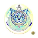 crescent moon with mandala pattern and cat sittin gon moon with halo above cats head tattoo design idea