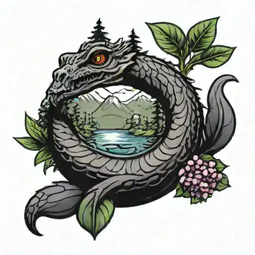 loch ness monster with mountain laurel wreath tattoo design idea