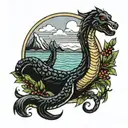 loch ness monster with mountain laurel wreath tattoo design idea