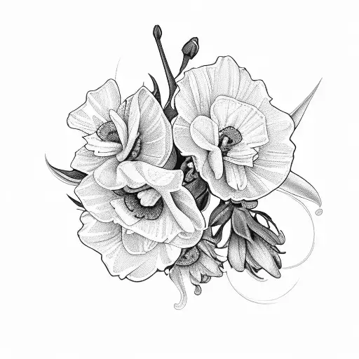3 honeysuckle roses 3 daises 2 lillie’s of the valley 2 hawthorns and 1 daffodil in a bouquet  tattoo design idea