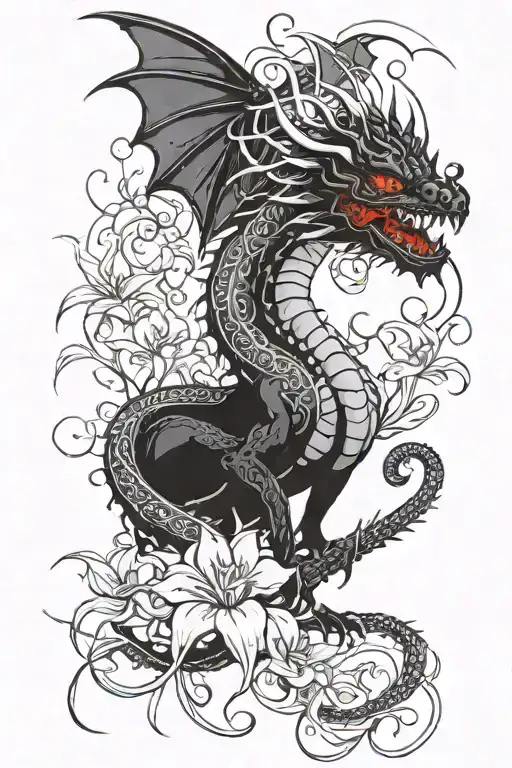 black red dragon with spider lily tattoo design idea