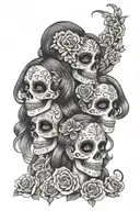 back peice - 3 women sugar skulls see no evil hear no evil speak no evil  tattoo design idea