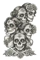 back peice - 3 women sugar skulls see no evil hear no evil speak no evil  tattoo design idea