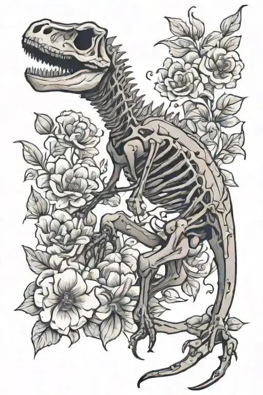 Dinosaur Skeleton And Flowers tattoo design idea
