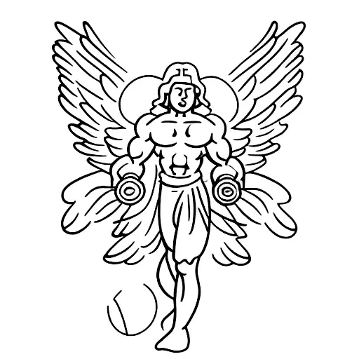 A minimalist tattoo of an angelic figure holding a dumbbell, representing the balance between physical and mental strength. tattoo design idea