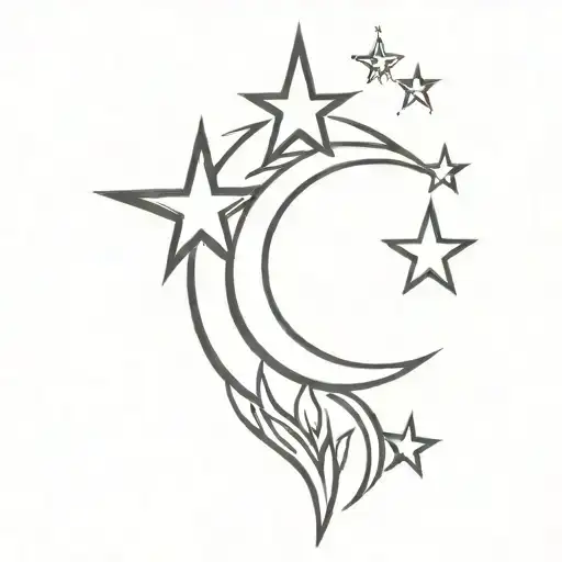 vertical spine tattoo featuring the moon and one star inside it, next is the morning star, and next is an aquarius sign  tattoo design idea