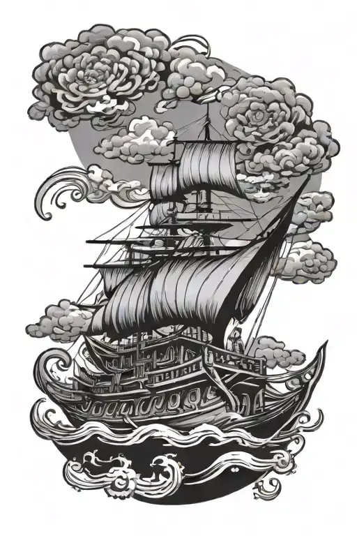 Vietnames round boat floating tattoo design idea