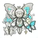 butterfly wit cross and kaws bear tattoo design idea
