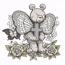 butterfly wit cross and kaws bear tattoo design idea