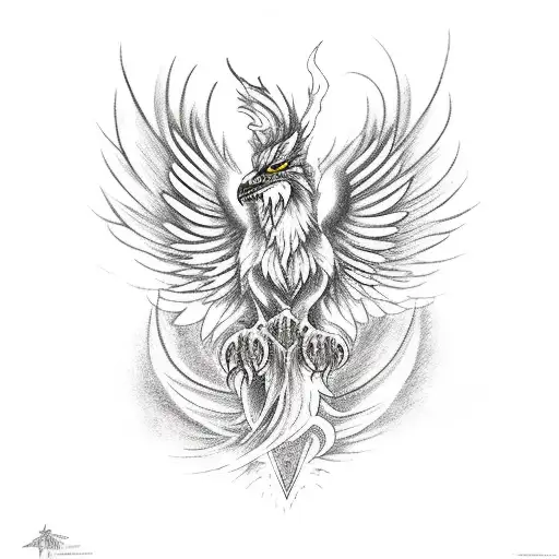 A phoenix with open wings and a wolf in front with dark aura tattoo design idea