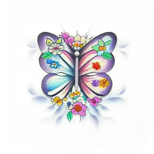 butterfly with flowers and colourful  on the throat tattoo design idea