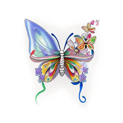 butterfly with flowers and colourful  on the throat tattoo design idea