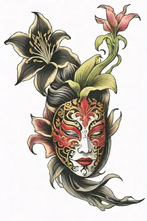 theater mask surrounded lily flower growing with a ruby opal and diamond tattoo design idea