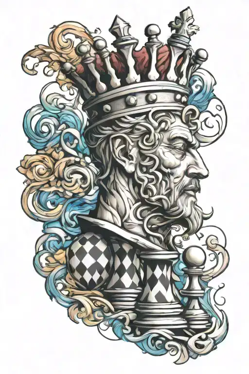 chess king with wisps of color tattoo design idea