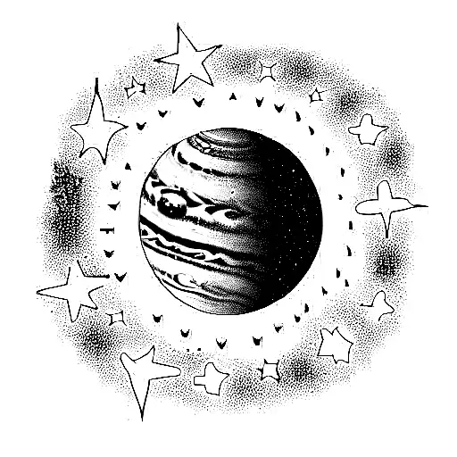 outline of planet Jupiter surrounded by stars tattoo design idea
