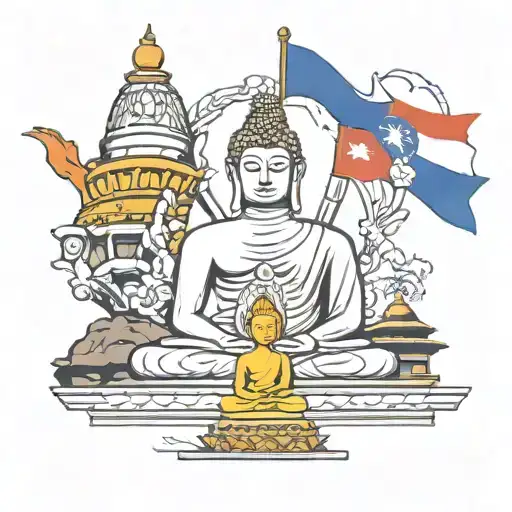 gautam buddha and buddha stupa nepal and five flags of buddhisum  tattoo design idea