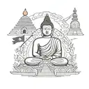 gautam buddha and buddha stupa nepal and five flags of buddhisum  tattoo design idea