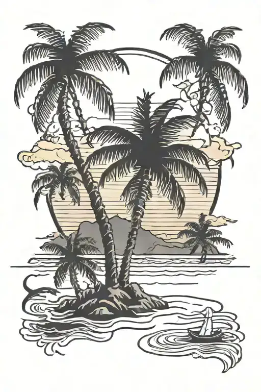 Palm tree with a skeleton drunk on the beach sunset tattoo design idea