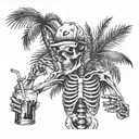 Palm tree skeleton drunk with ciggaret and drink tattoo design idea