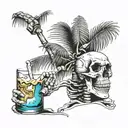 Palm tree skeleton drunk with ciggaret and drink tattoo design idea