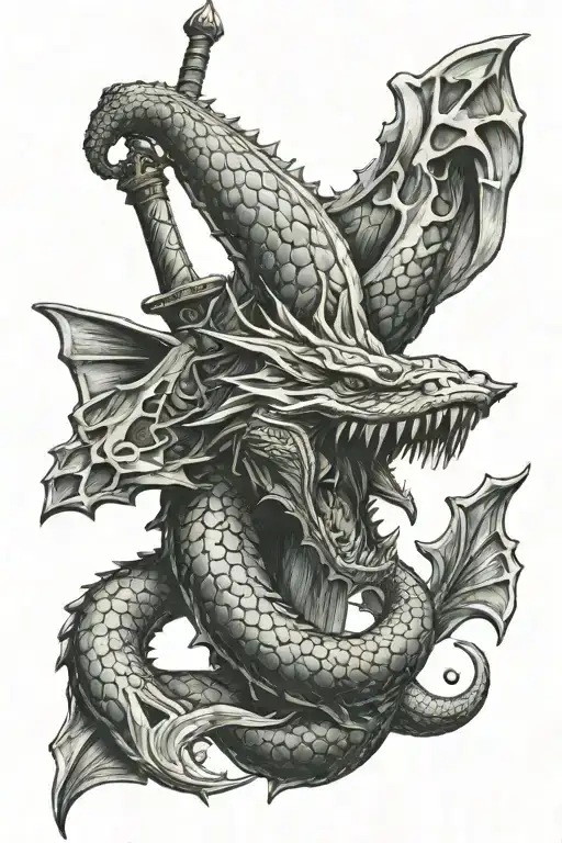 leviathan from bible fighting man with sword  tattoo design idea