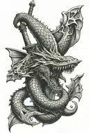 leviathan from bible fighting man with sword  tattoo design idea