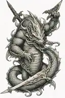 leviathan from bible fighting man with sword  tattoo design idea