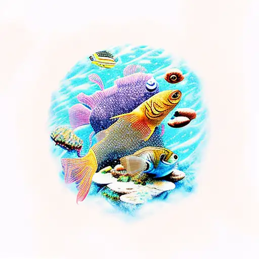 underwater world with fish and mushrooms in space tattoo design idea